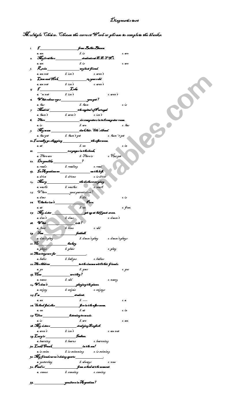 Diagnostic Test worksheet