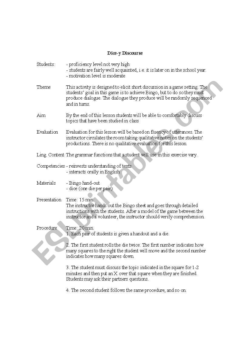 Dicey Discourse worksheet
