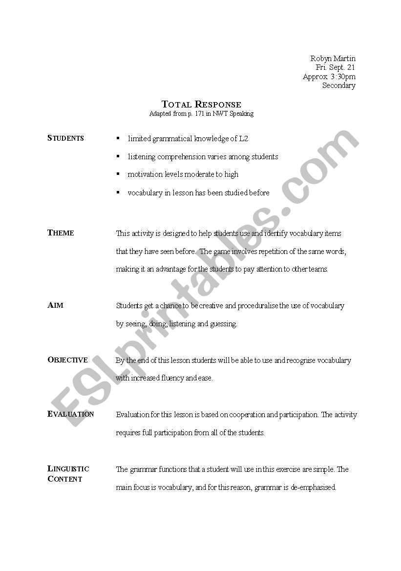 Total Response worksheet