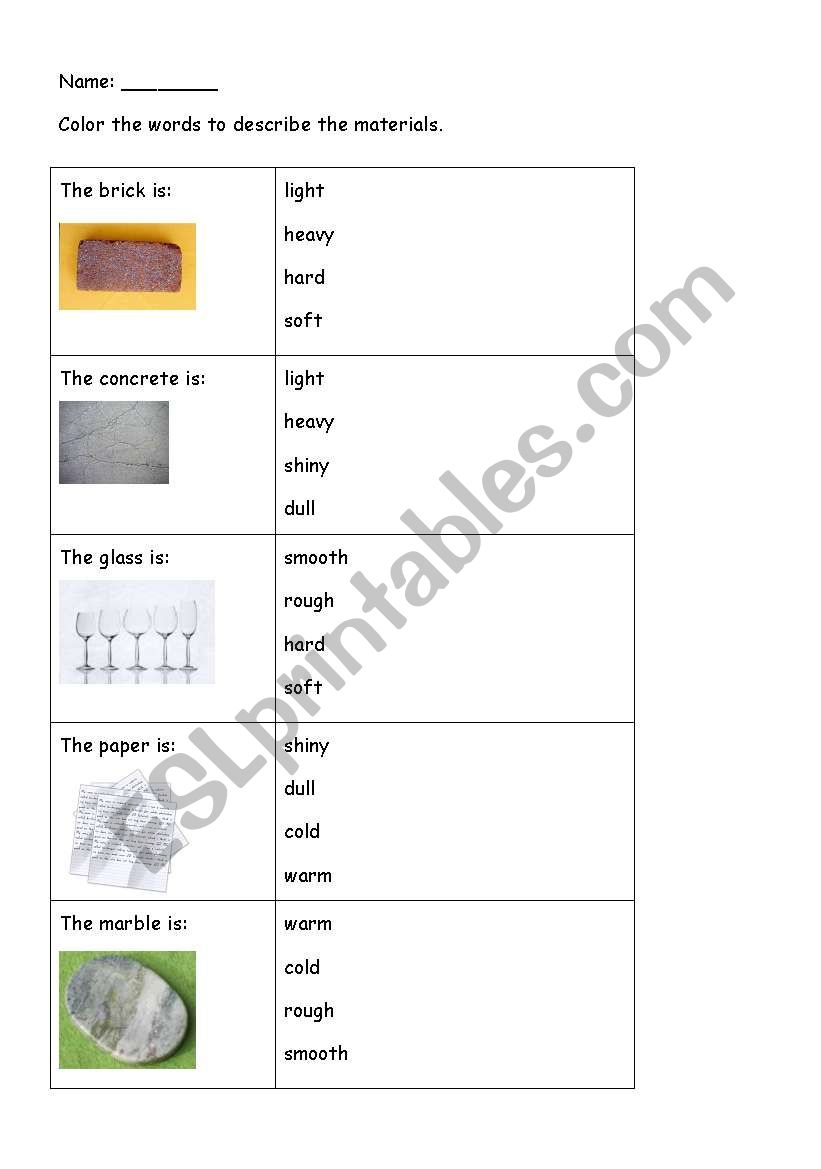 describing materials worksheet
