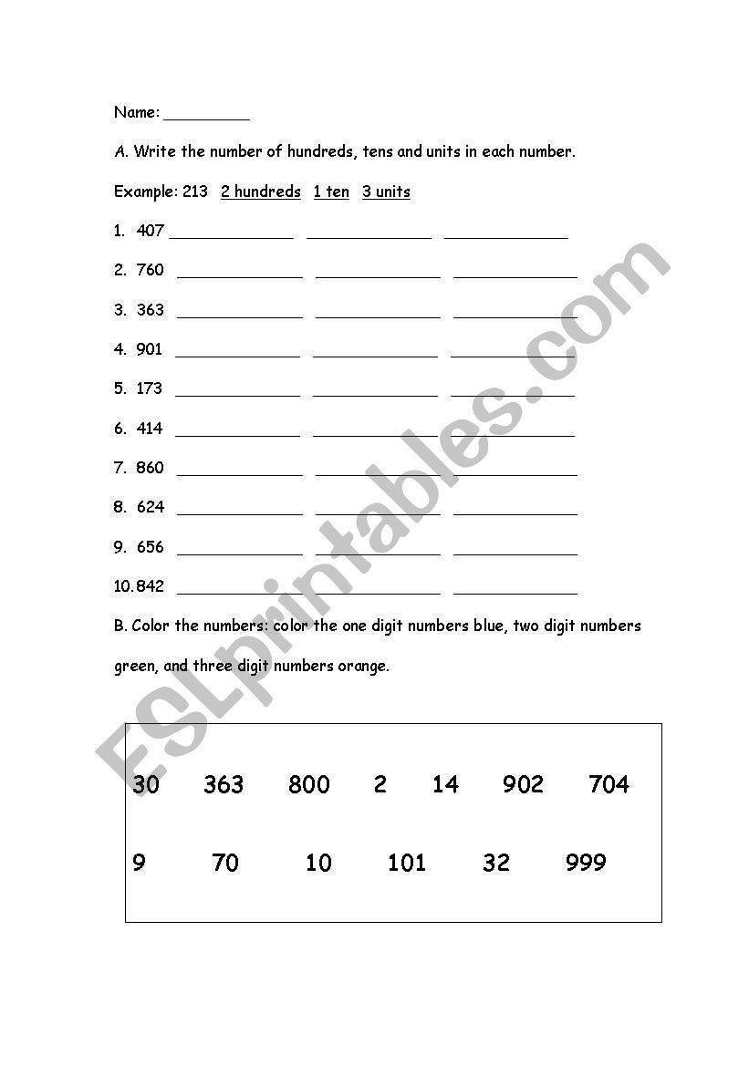 English worksheets: Hundreds, tens and units Within Ones Tens Hundreds Worksheet