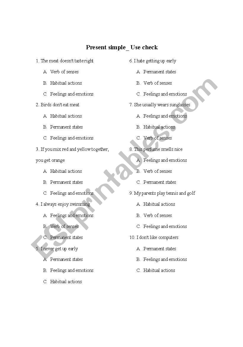 Present simple- Use check worksheet