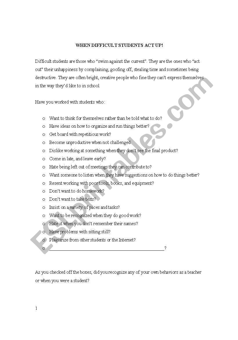 when students act up worksheet
