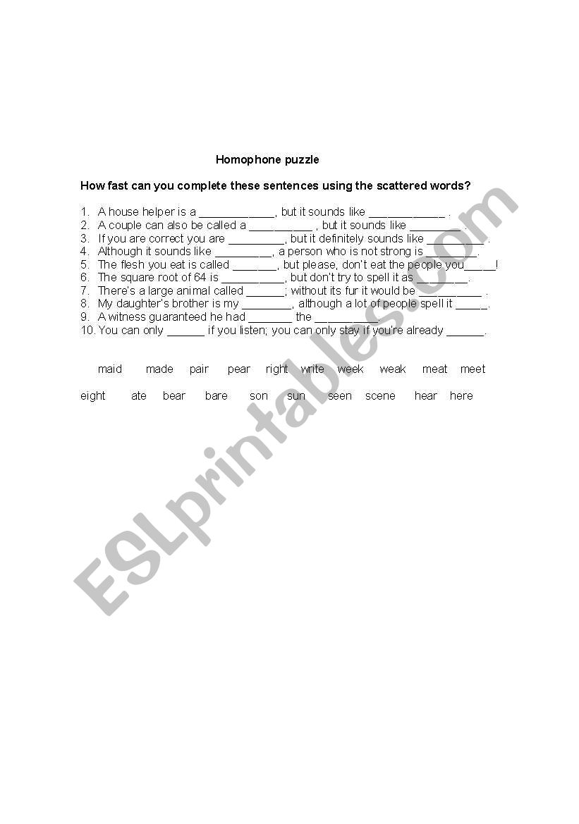 homophone puzzle worksheet