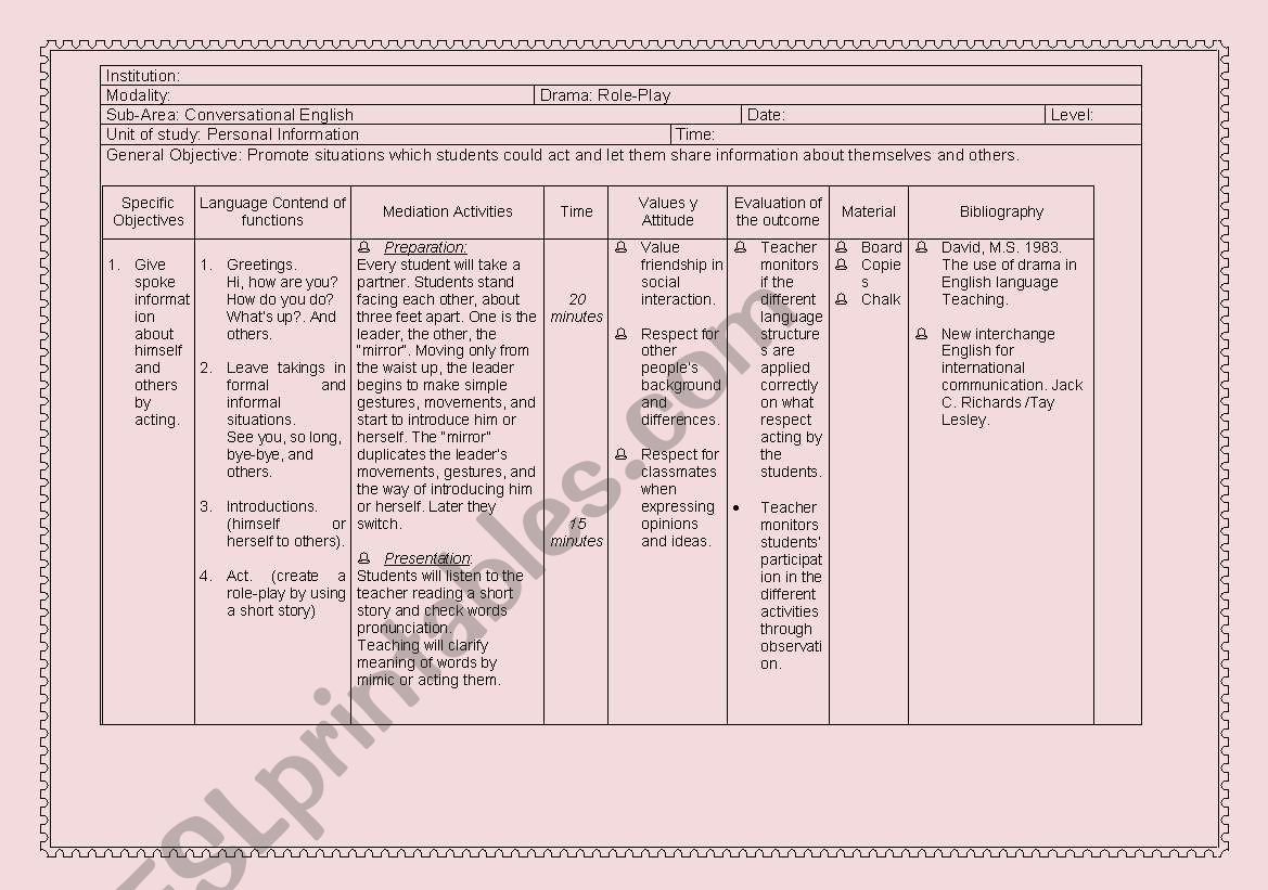 Lesson Plan based on role play #4