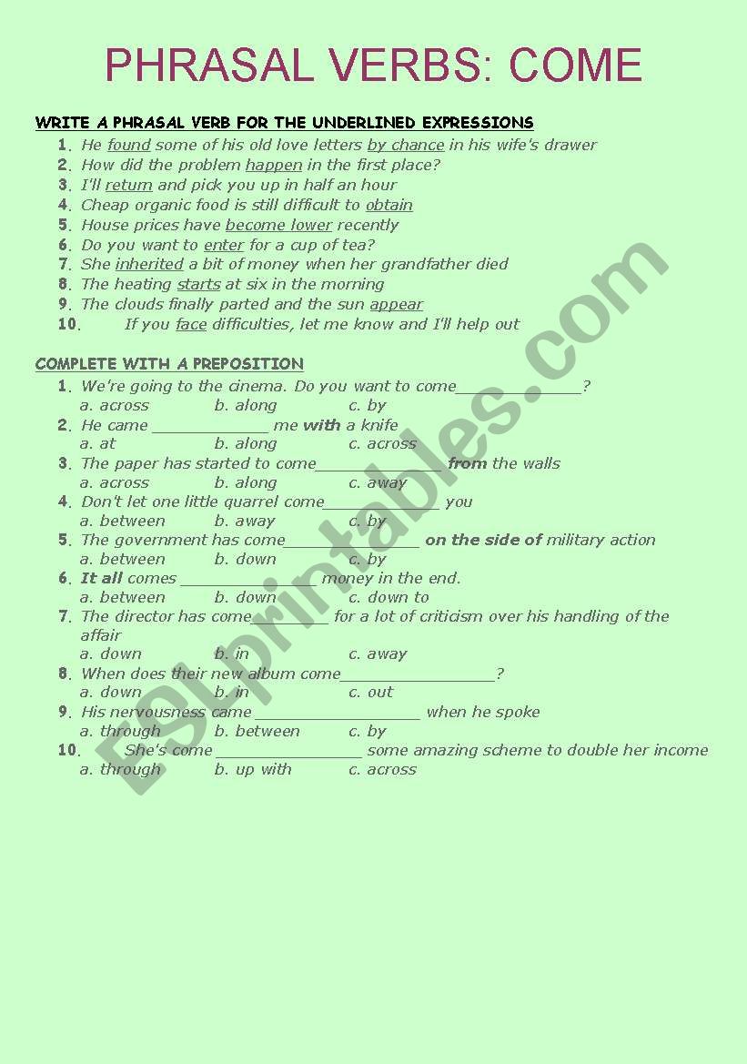 phrasal verb come worksheet