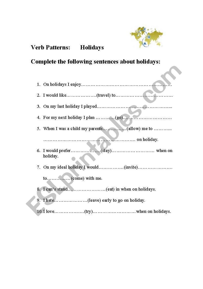 Verb patterns: holidays worksheet