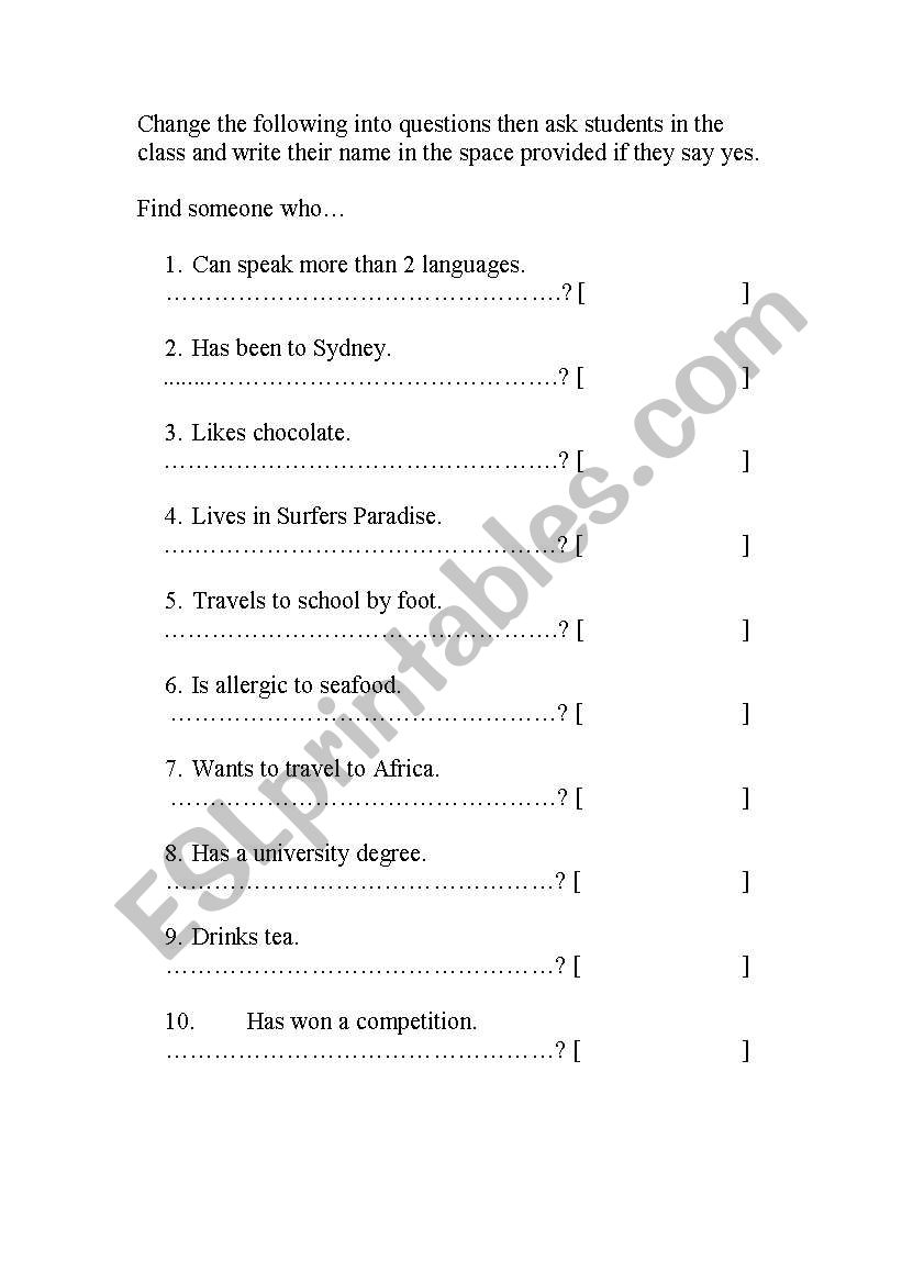 Find someone who... worksheet