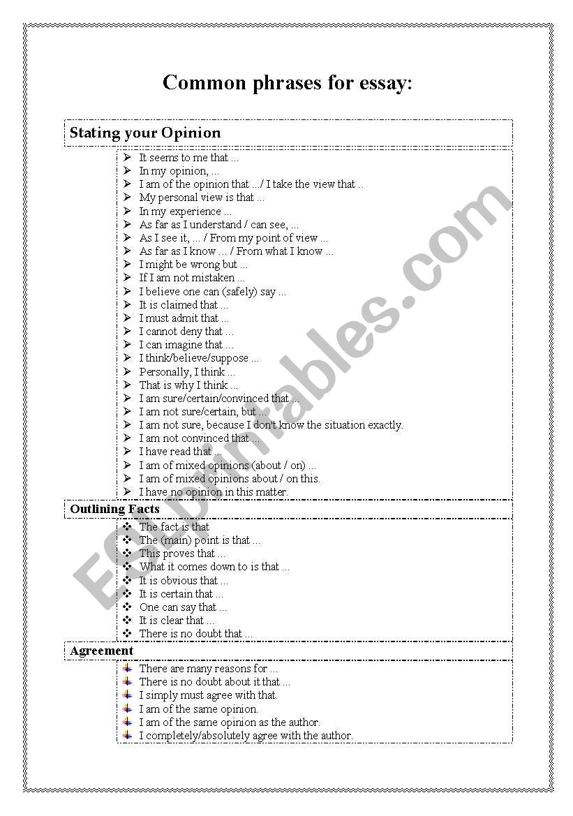 Common phrases for essay worksheet