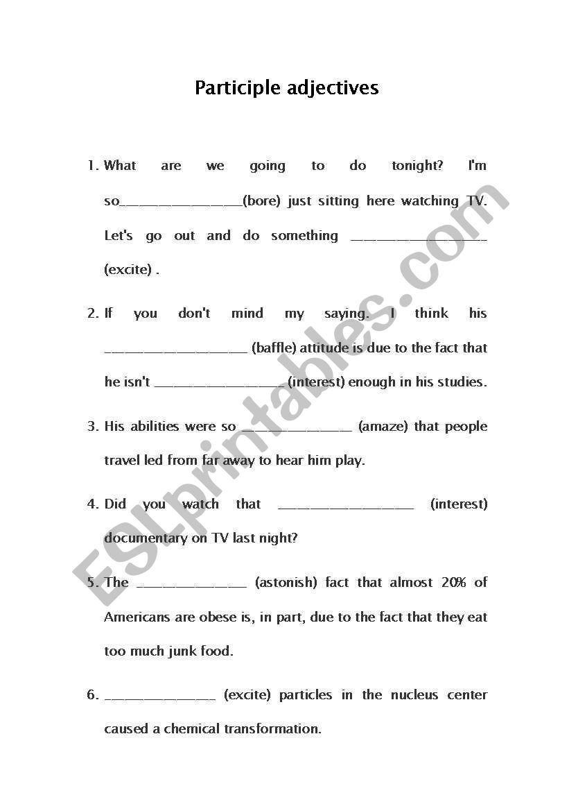Participle ajective worksheet