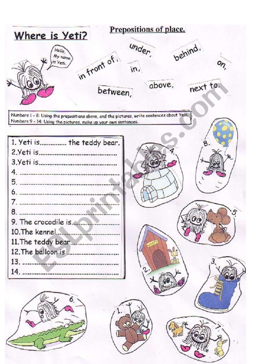 Prepositions with Yeti worksheet