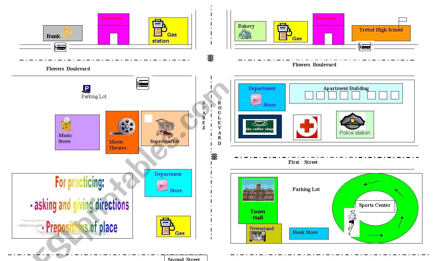 Map for teaching prepositions worksheet