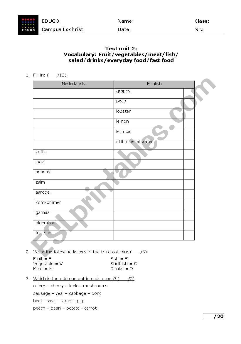 food worksheet