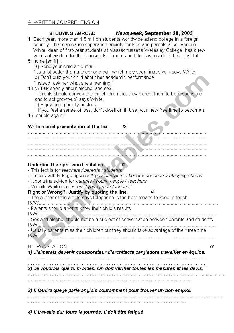 Studying abroad worksheet