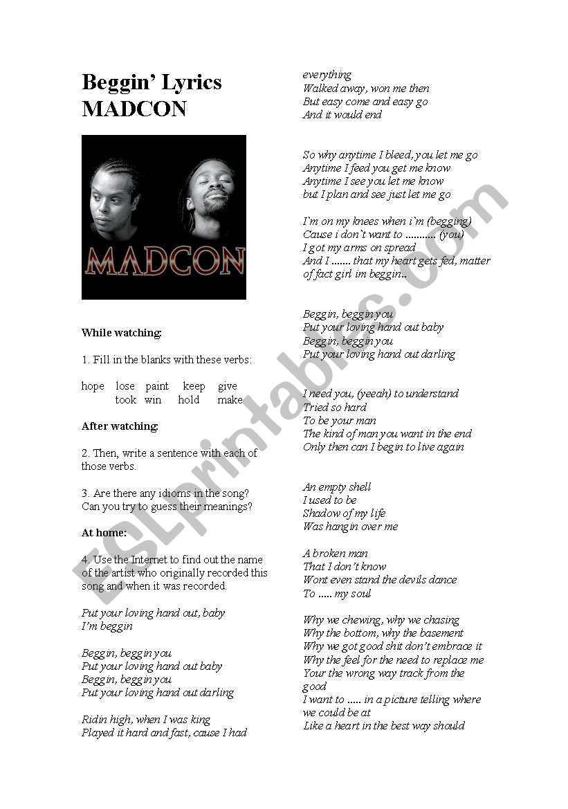 Beggin, by Madcon worksheet