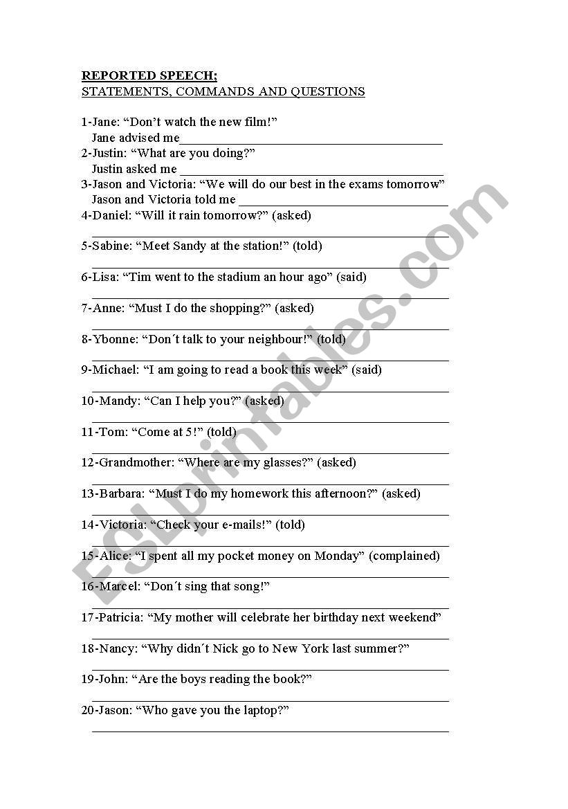 reported speech  worksheet