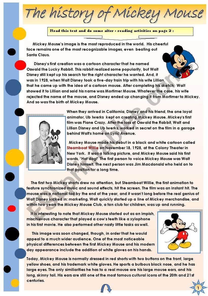  THE HISTORY OF MICKEY MOUSE - READING + SOME AFTER-READING ACTIVITIES (2pages)