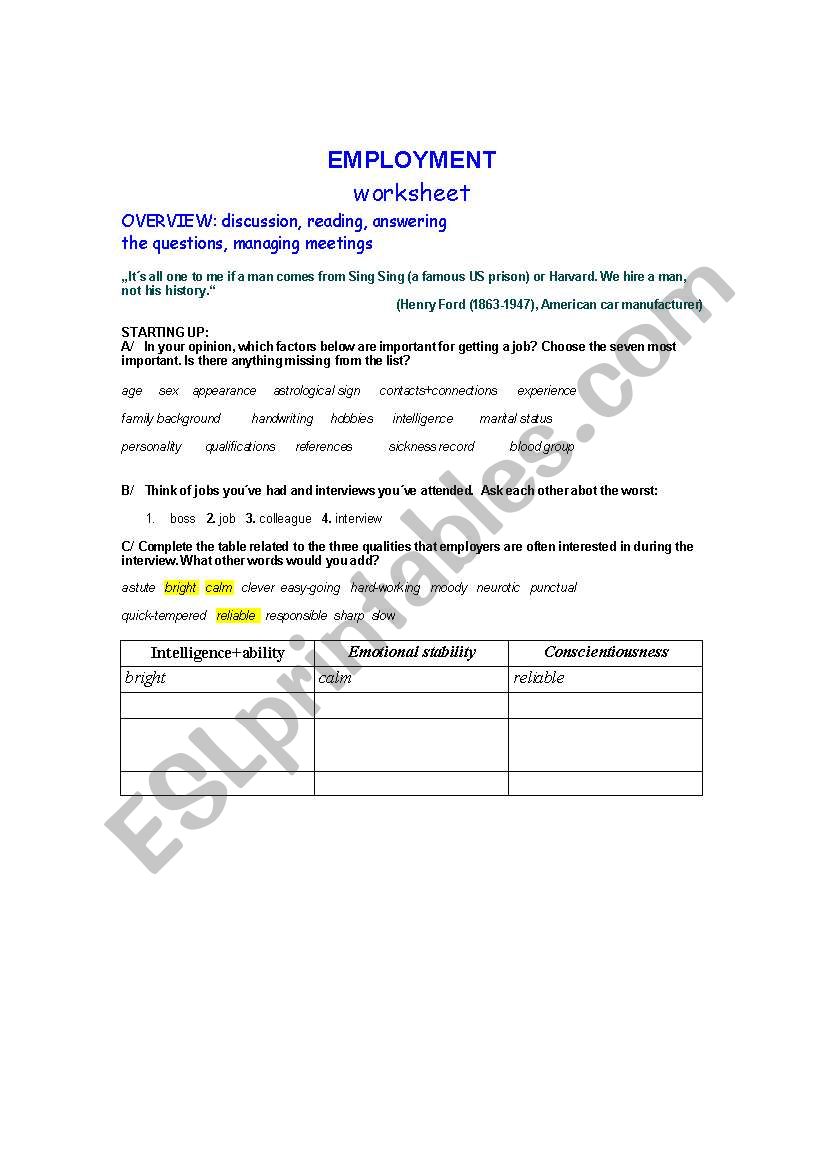 Employment worksheet