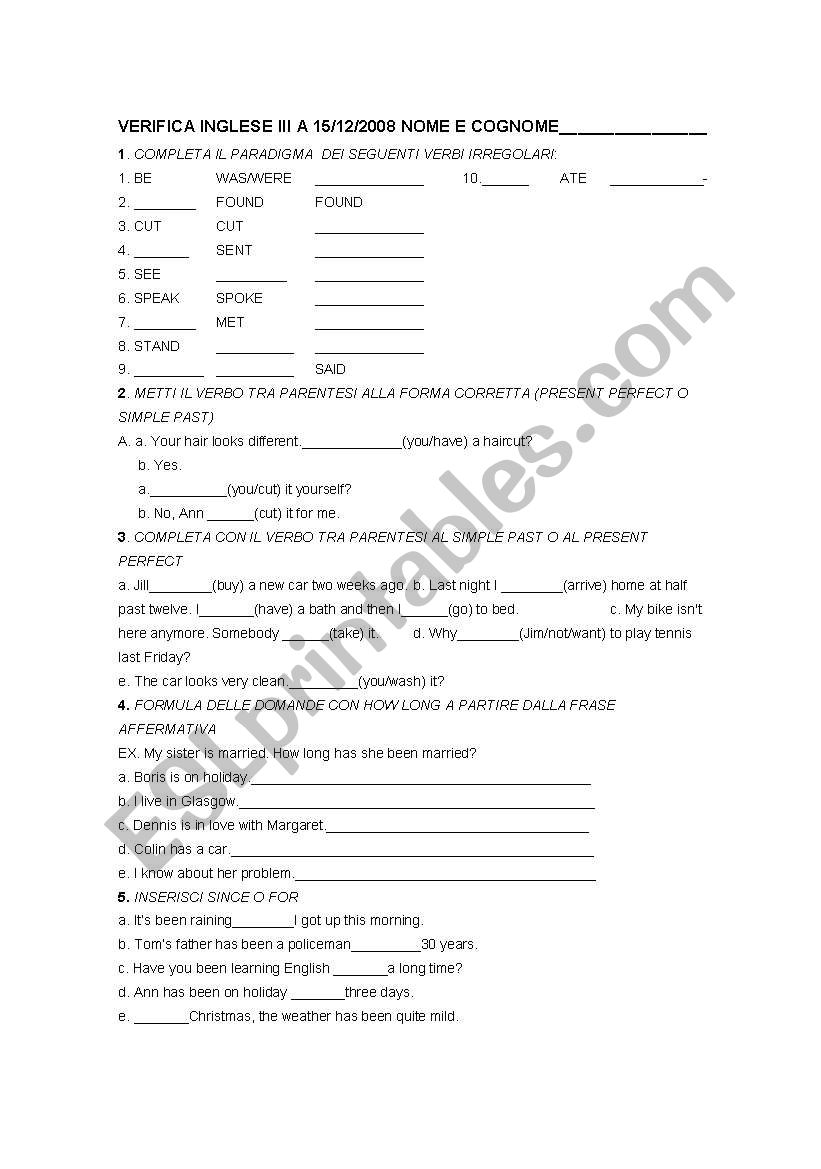 assessment on simple past and present perfect