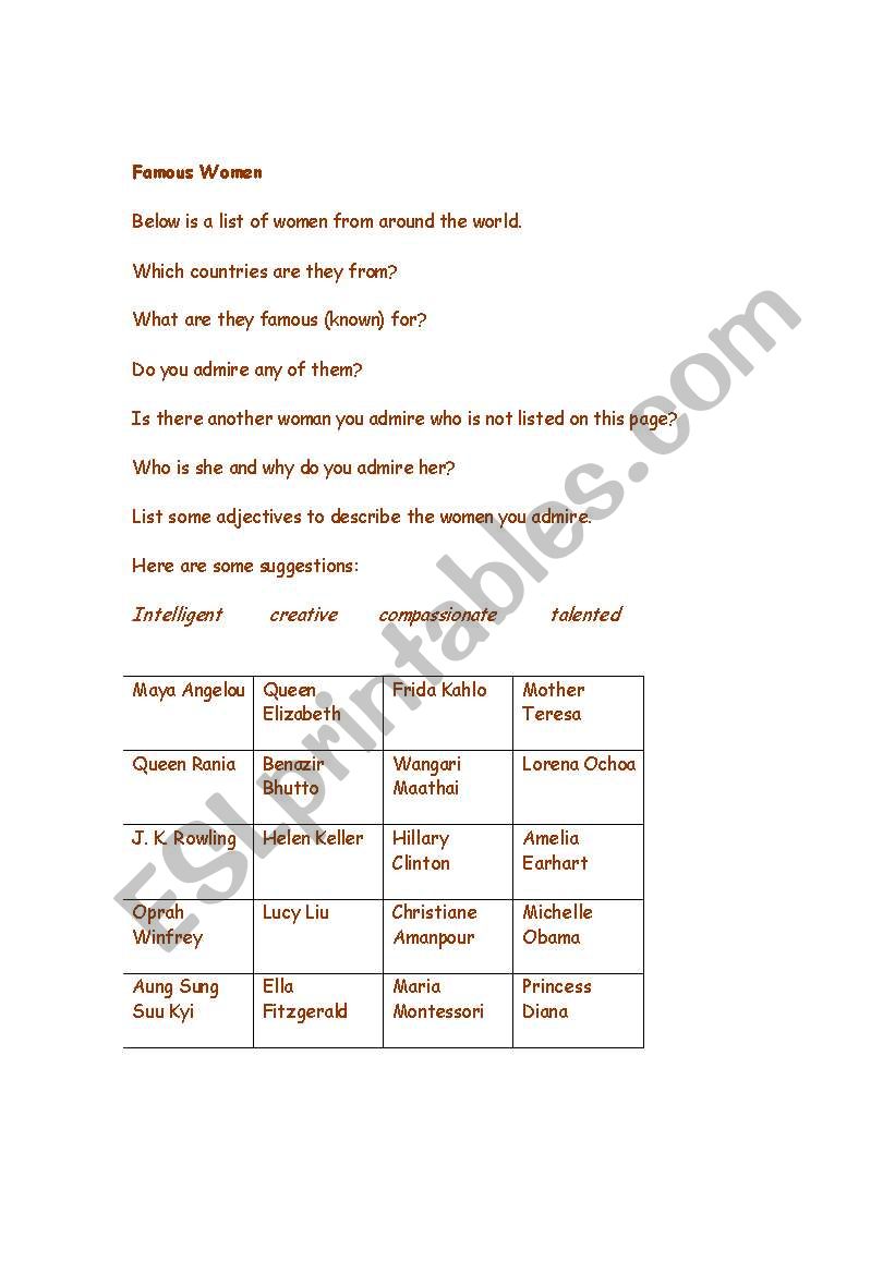 Famous women worksheet