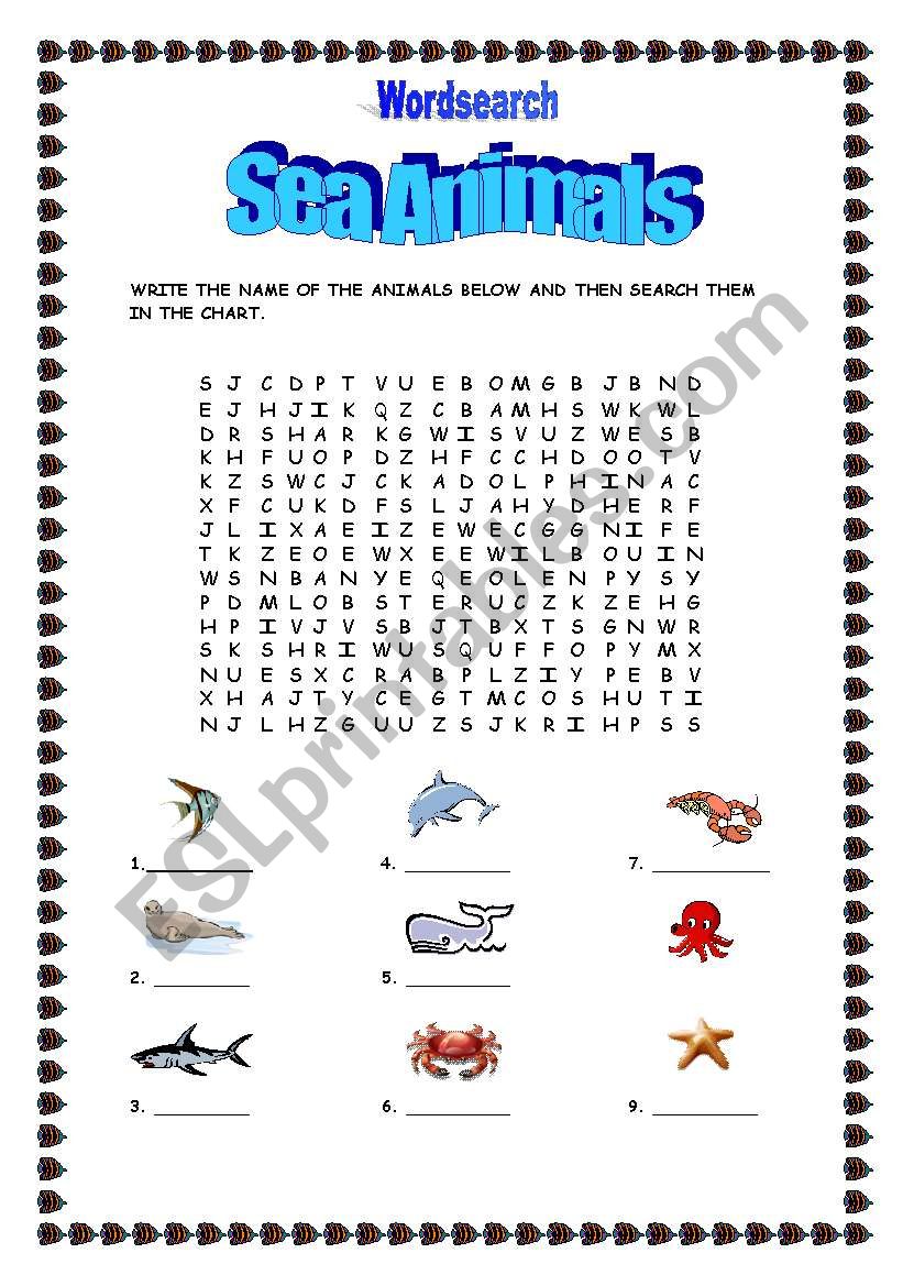 Sea Animals-wordsearch worksheet