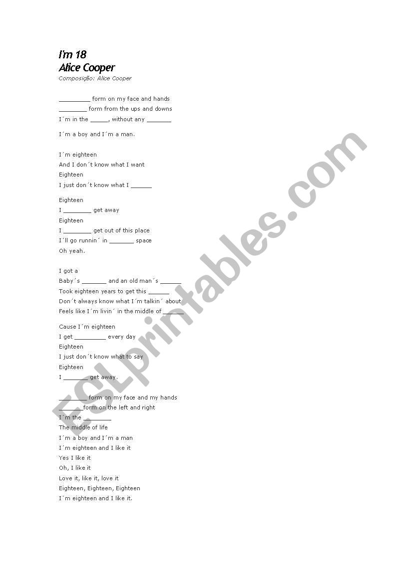 song: Im eighteen worksheet