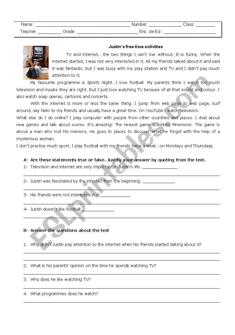 test- leisure time worksheet