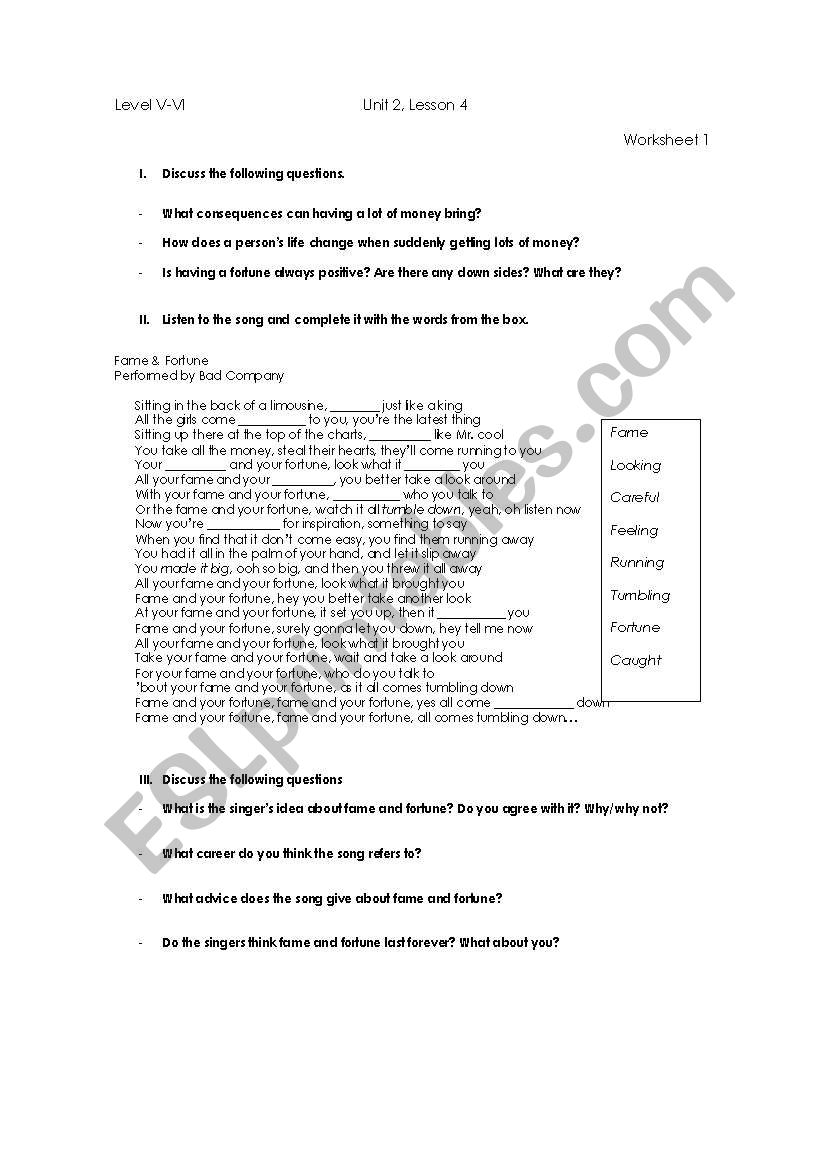 Fame and Fortune lyrics handout