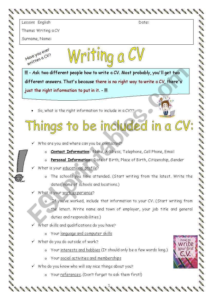 CV writing worksheet