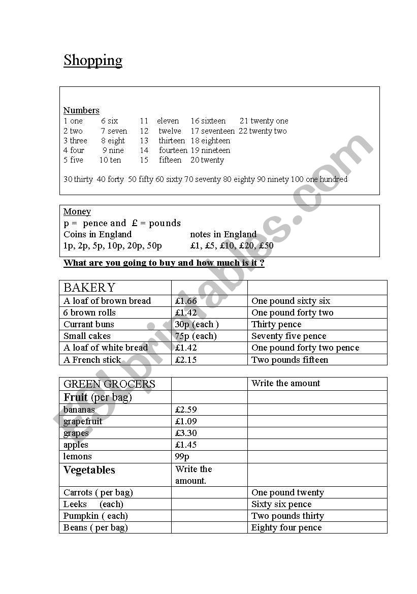 shopping worksheet