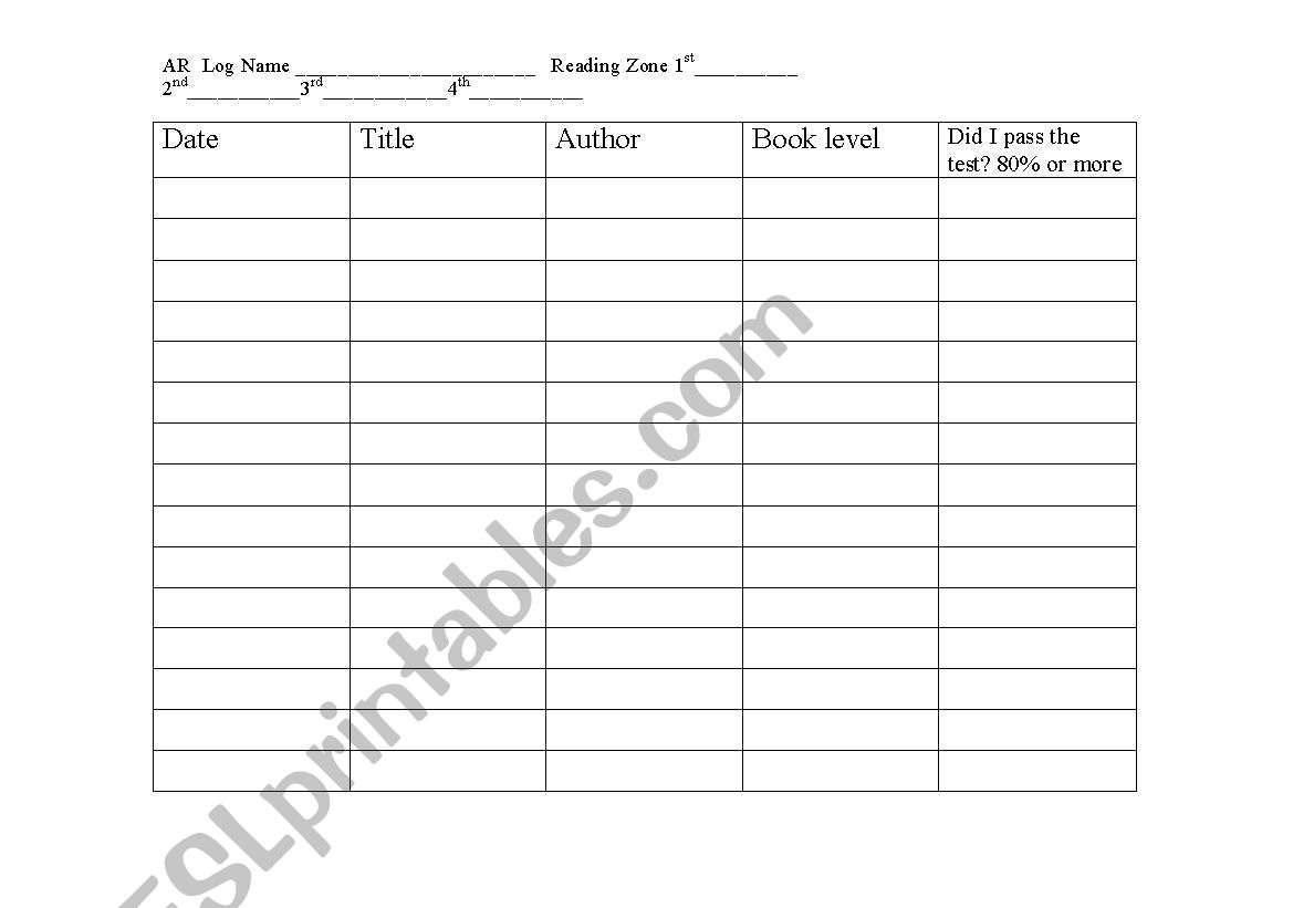 AR reading log worksheet