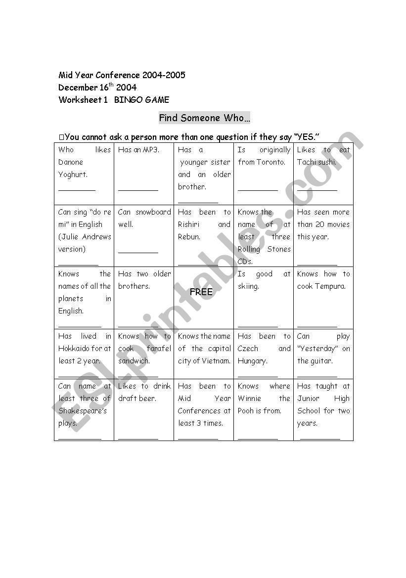 Interview Bingo worksheet