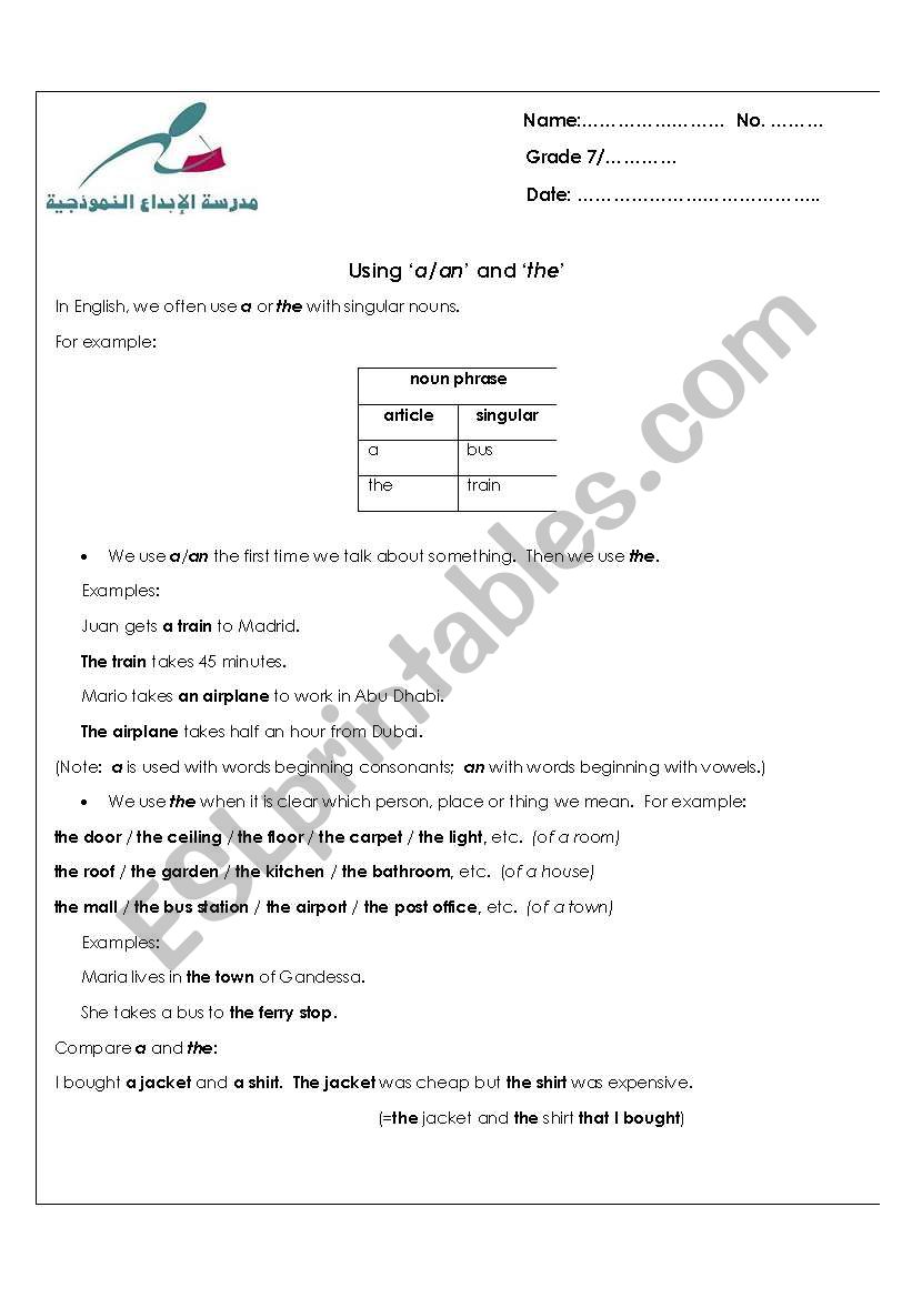 using a , an and the worksheet