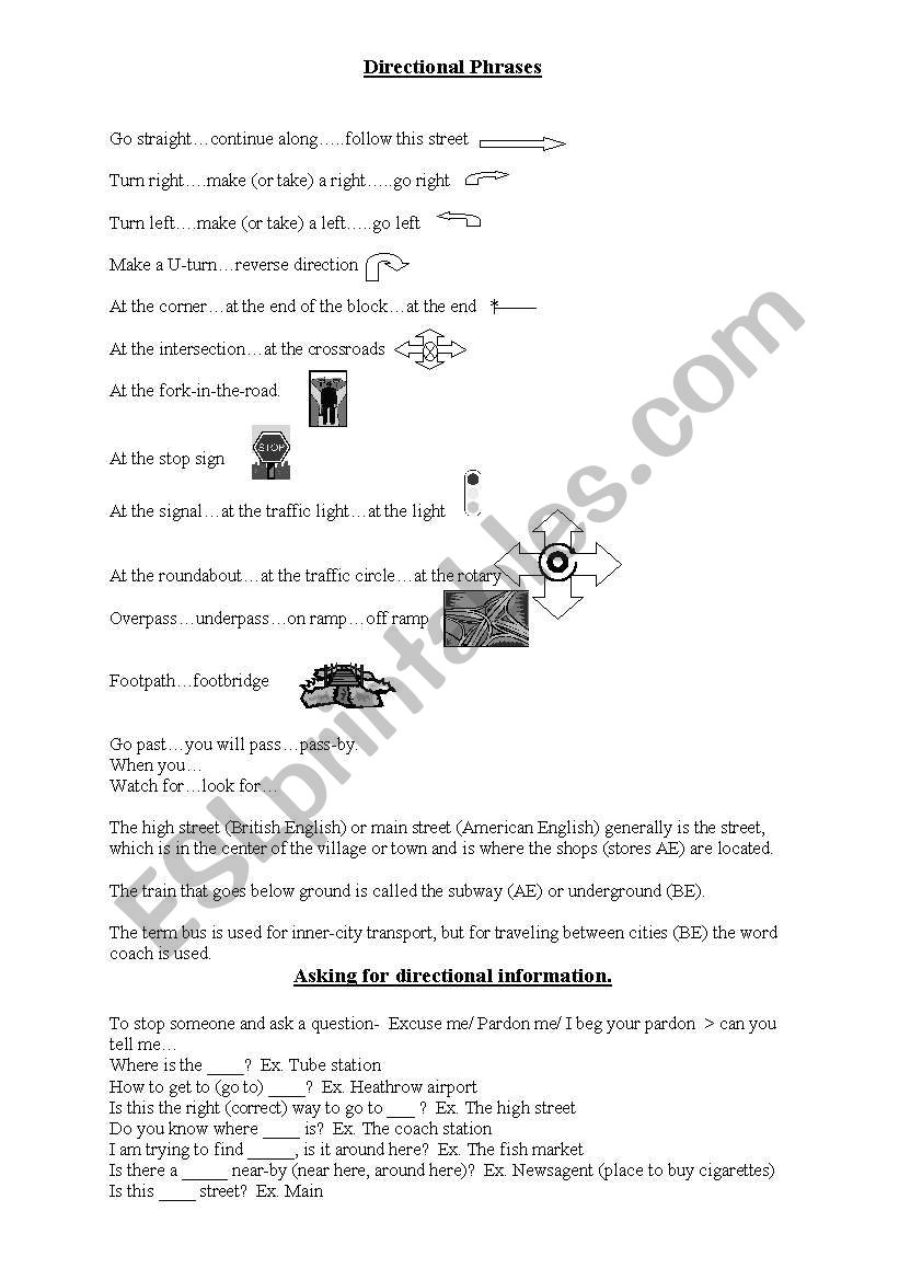 English Worksheets Directional Phrases