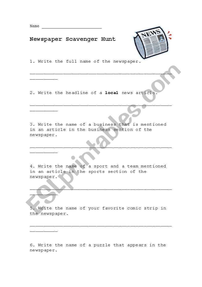 Newspaper Scavenger Hunt worksheet