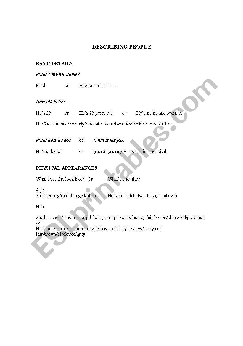 People (describing people) worksheet