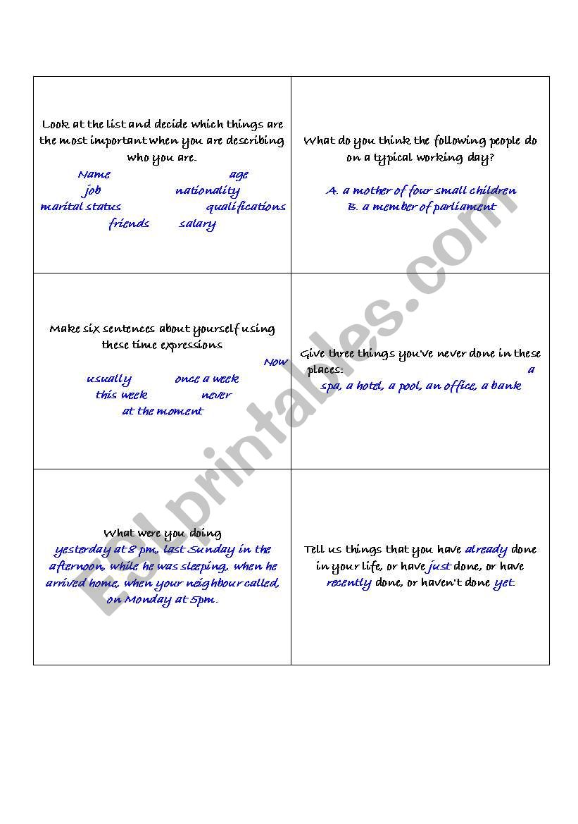 speaking cards worksheet