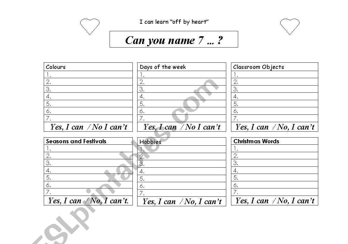 I can (Name 7) worksheet