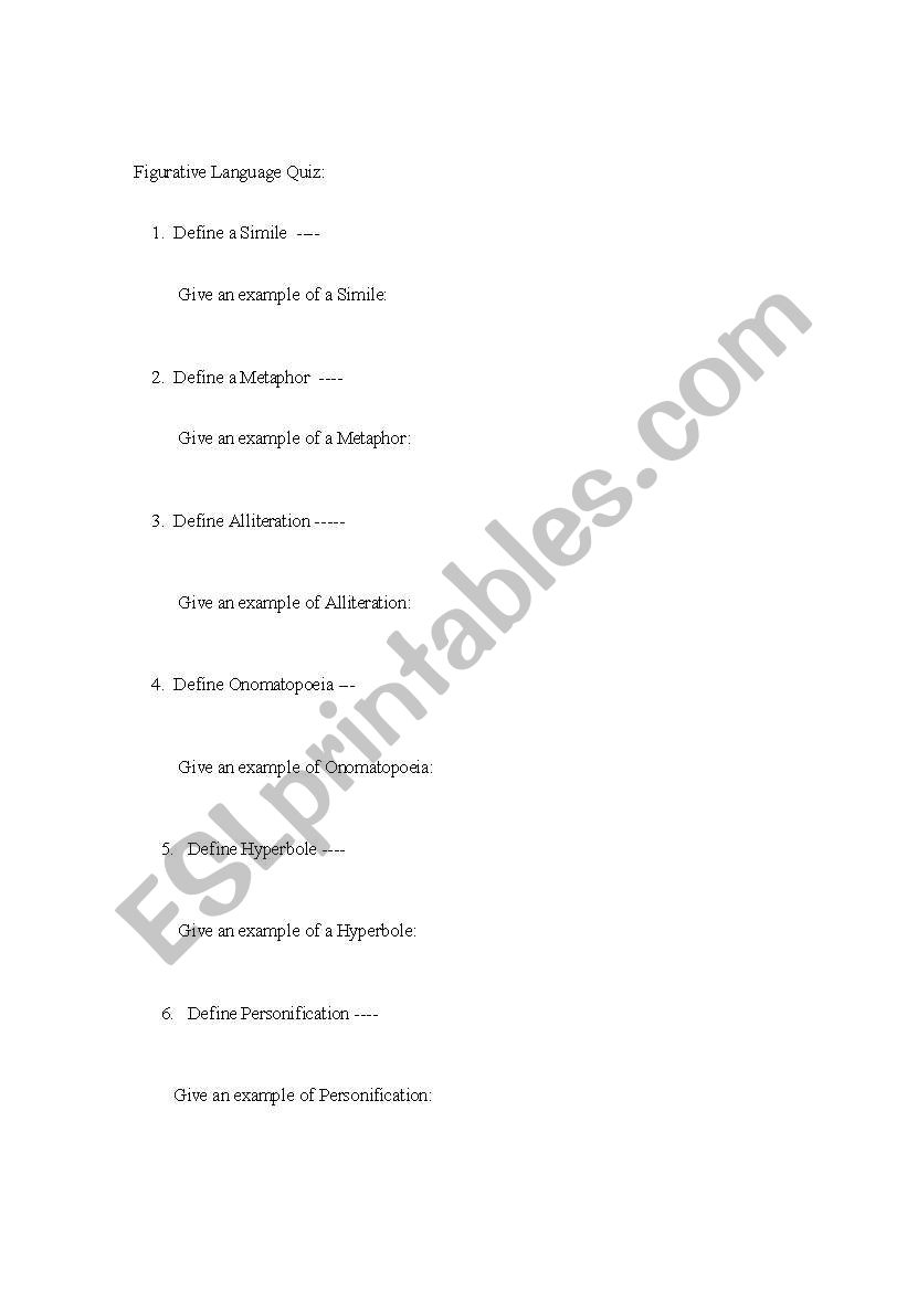 Figurative Language Quiz worksheet