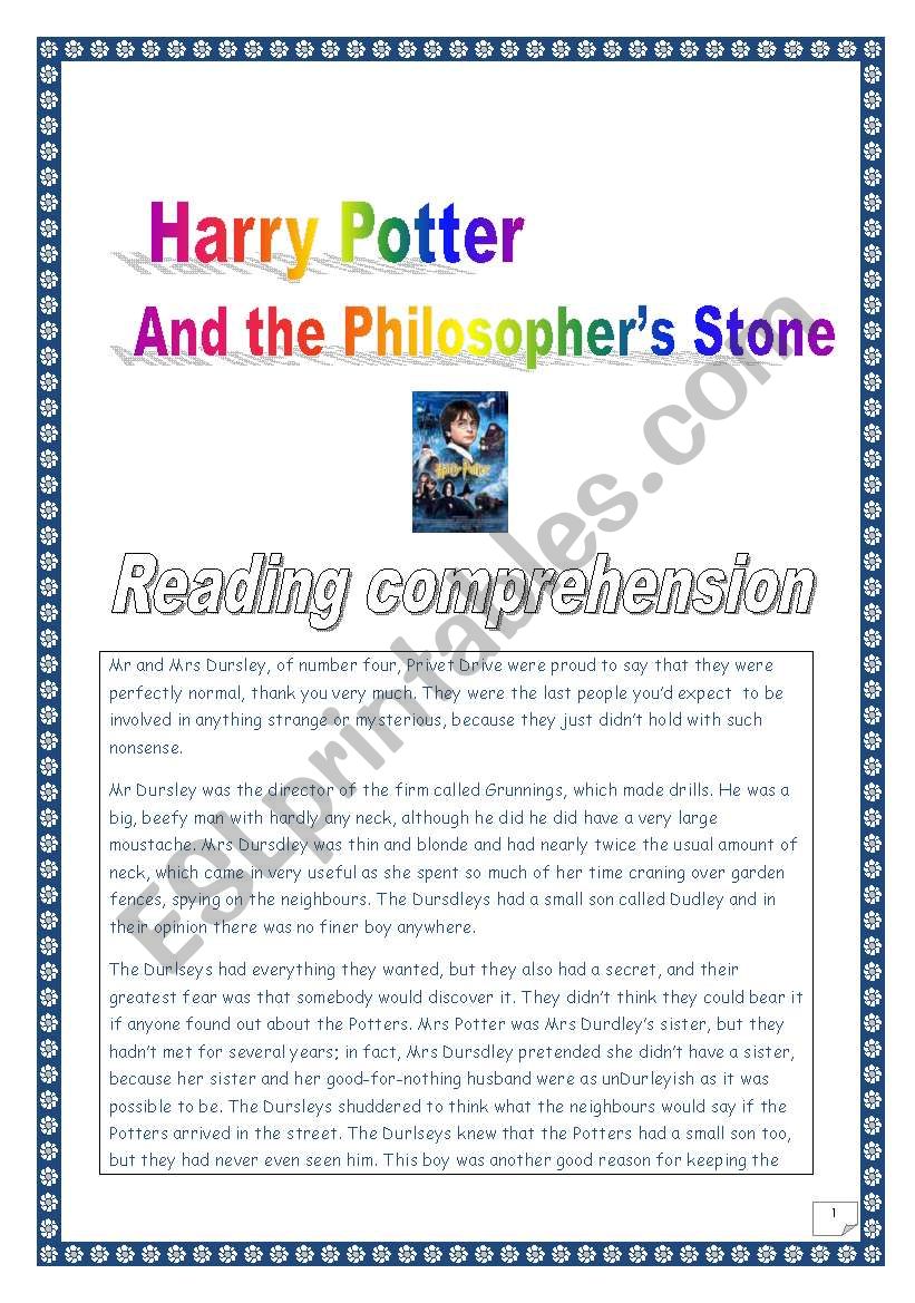 Reading comprehension: project: Harry Potter & the Philosophers Stone (4 pages, plain version)