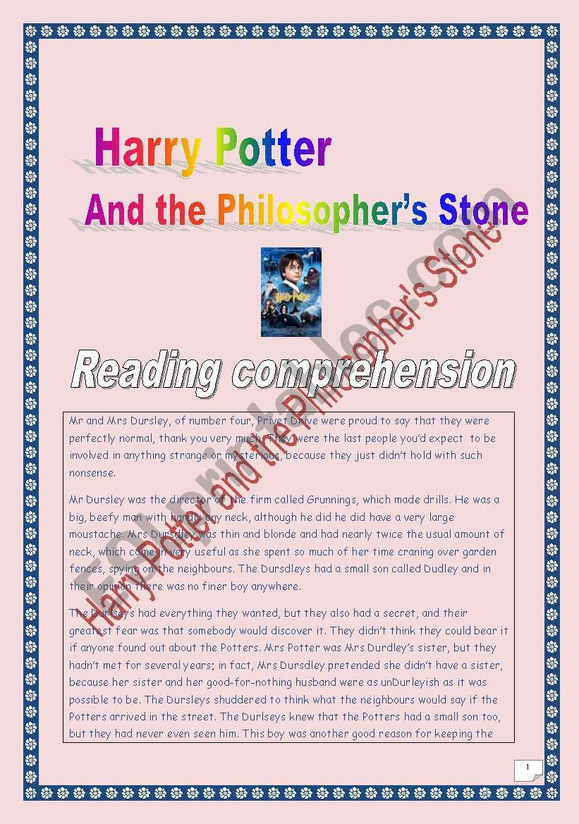 Reading comprehension project: Harry Potter and the Philosophers Stone. (4 pages, colourful version)