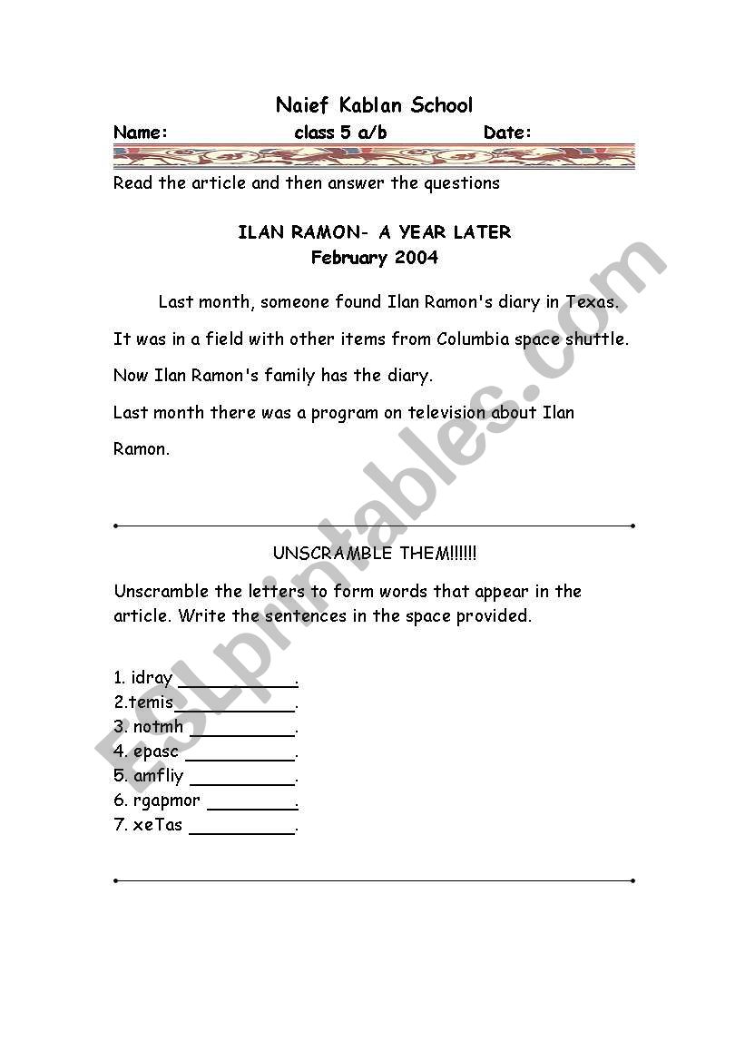 Ilan Ramon worksheet