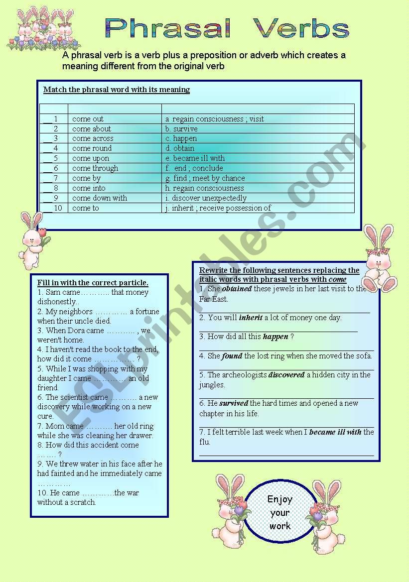 Phrasal verb - come - (+key) worksheet