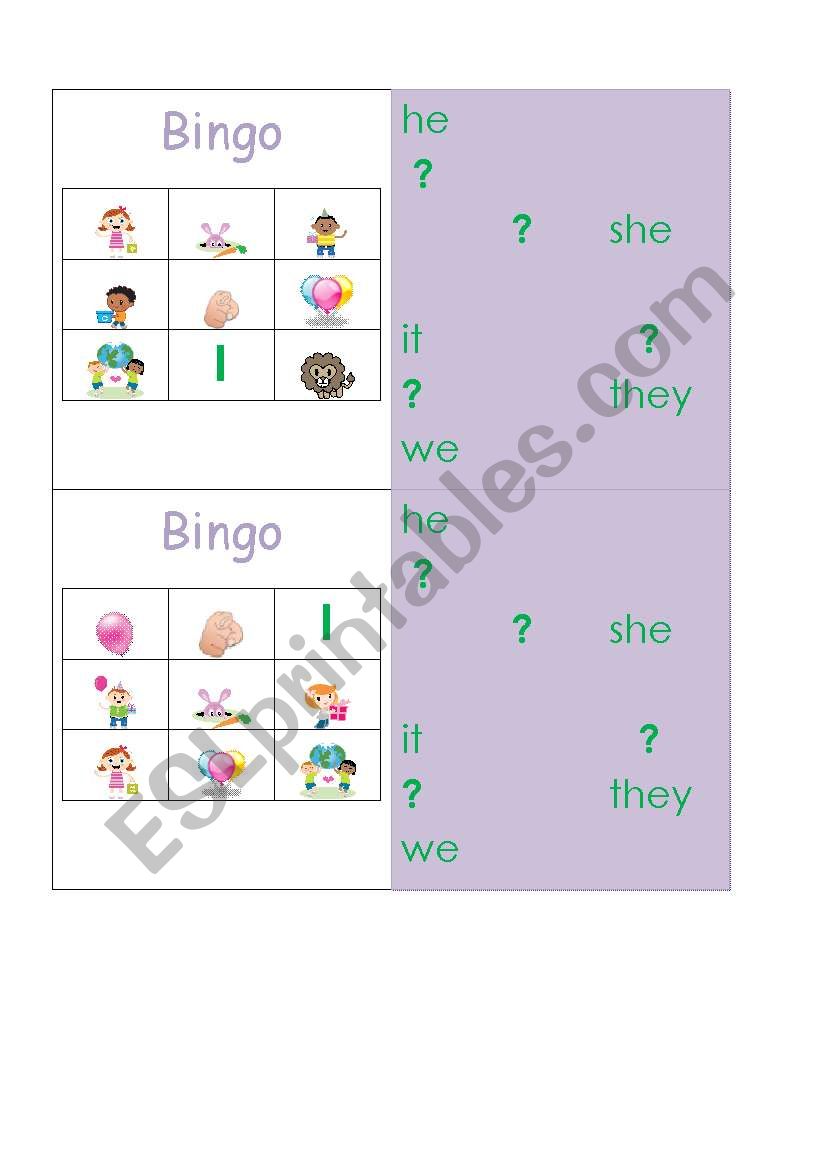 Personal Pronoun Bingo (cards 3-4 of 4) with backing for YLs