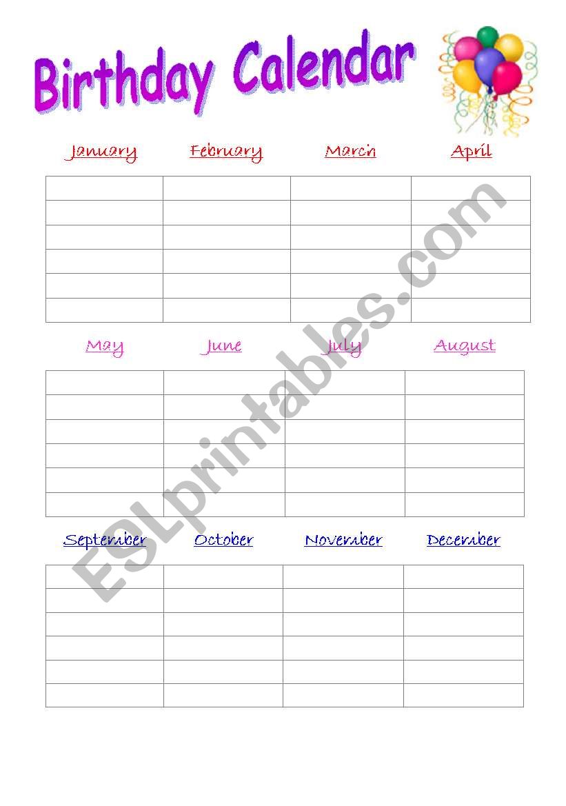 Birthday Calendar worksheet