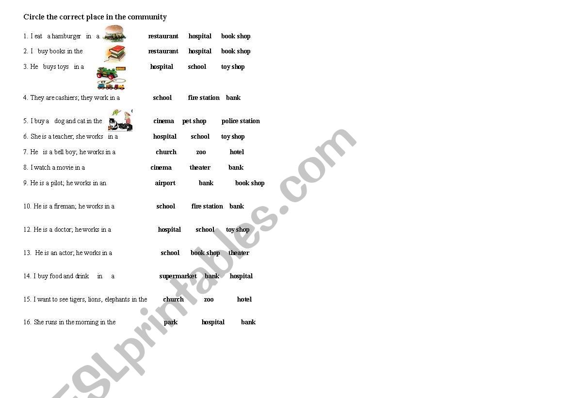 places in the coumunity worksheet