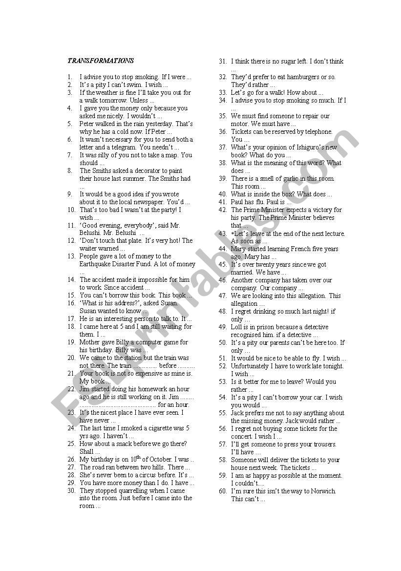 60 transformations worksheet