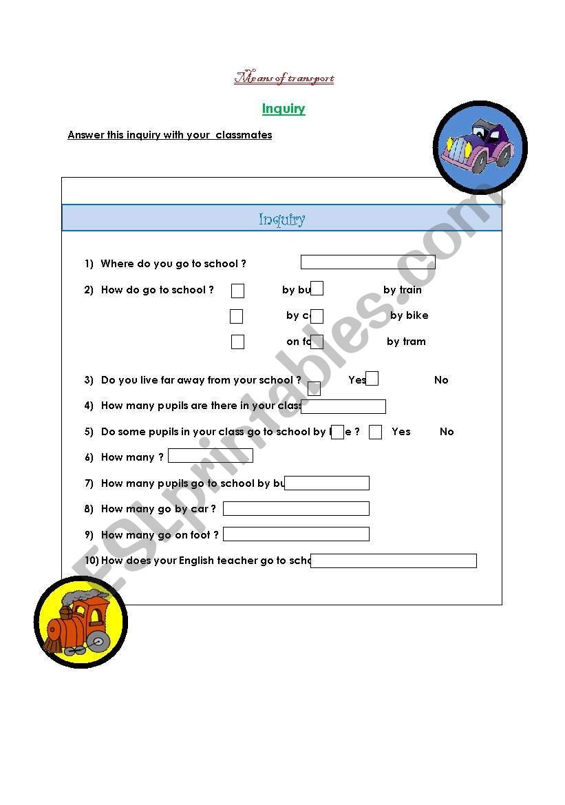 Means of transport - Inquiry worksheet