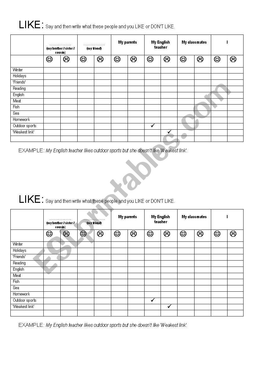 LIKES AND DISLIKES worksheet