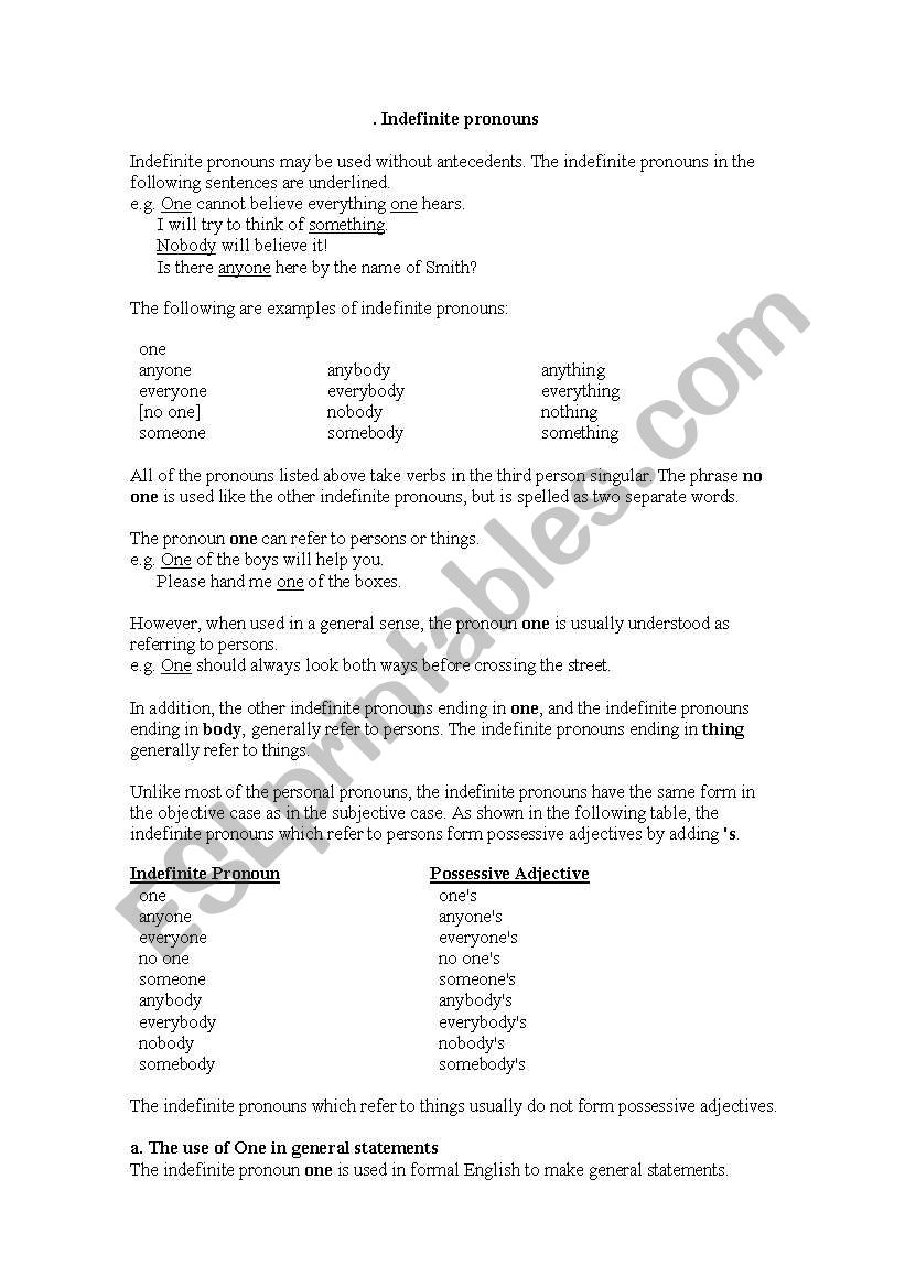 indefinitive articles worksheet